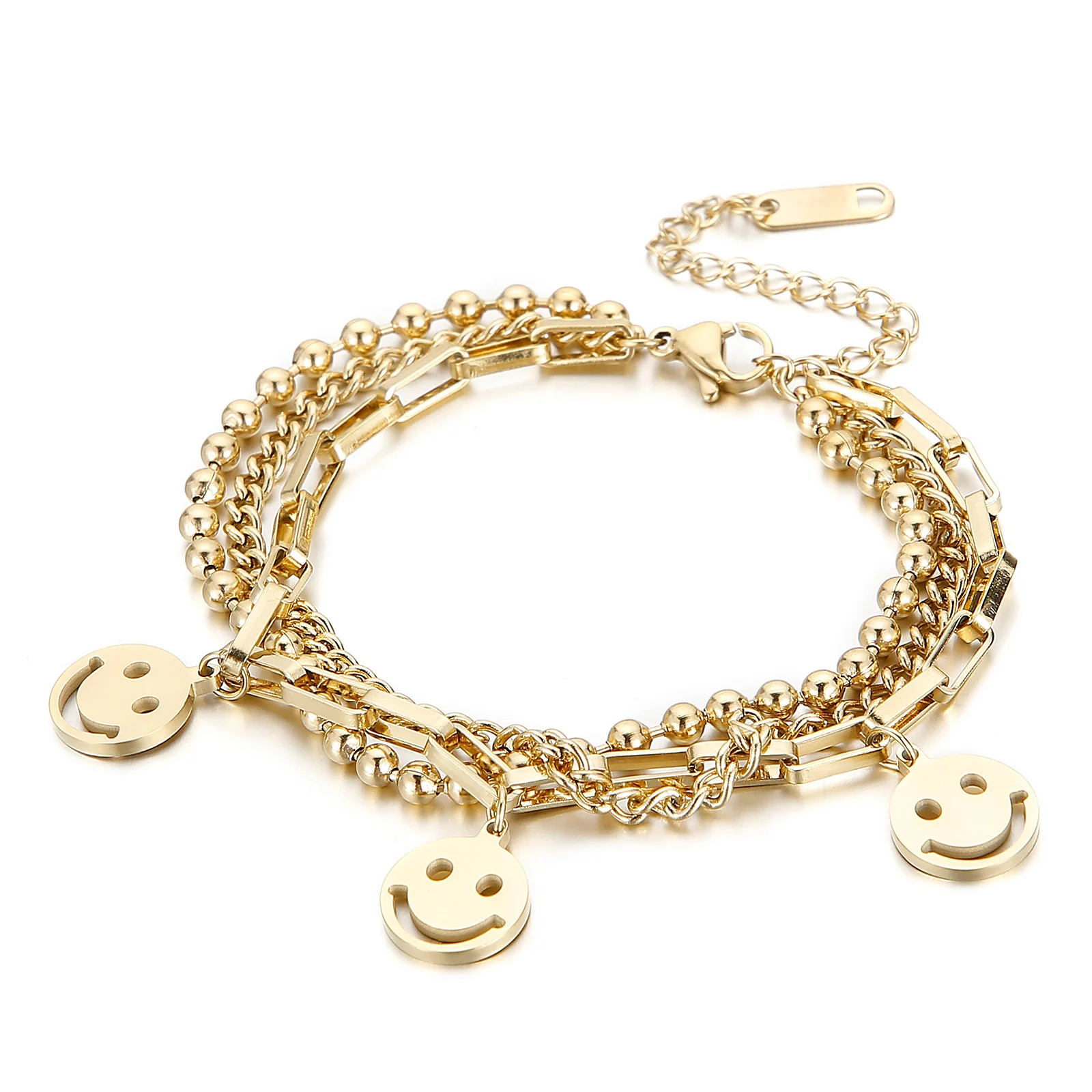 

Fashion Girl Three Chains Bracelets Jewelry Smiling Pendant Gold-plating Cool Stainless Steel Bracelet For Women, Gold/steel/rose gold