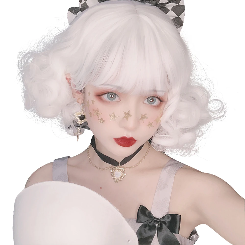 

Milk White Short Cool Hair Wig Natural Lolita Sweet Cute Fluffy Grooming Face Harajuku Girls Cosplay Party Wigs, Pic showed