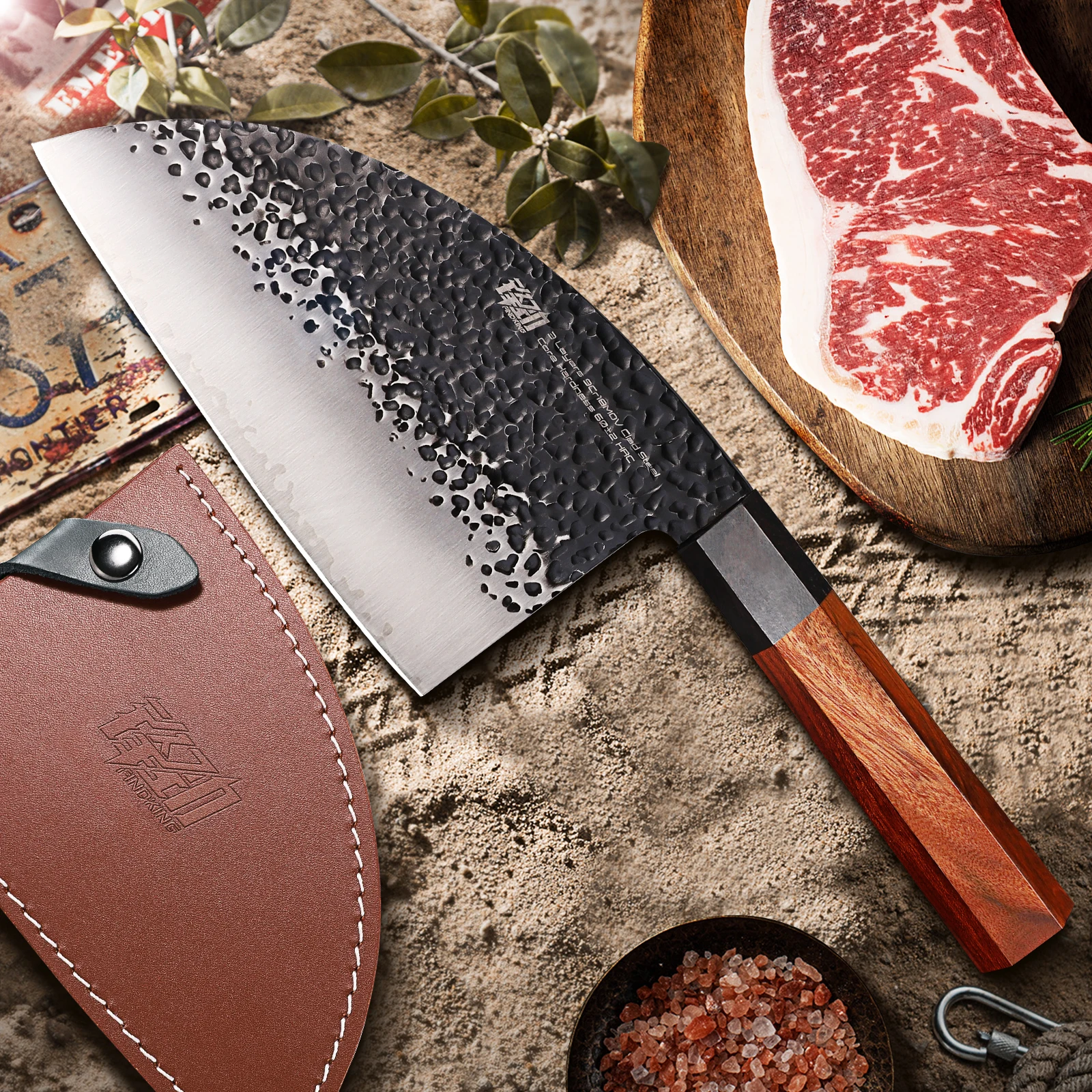 

FINDKING 6.5 inch chef chopping knife Kitchen Outdoor Super Sharp Rosewood Handle Cleaver Butcher Knife with Cover