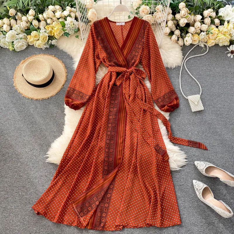 

2022 spring and autumn dress women's Chiffon Vintage Print lace up waist slim dress for women, Multiple colors