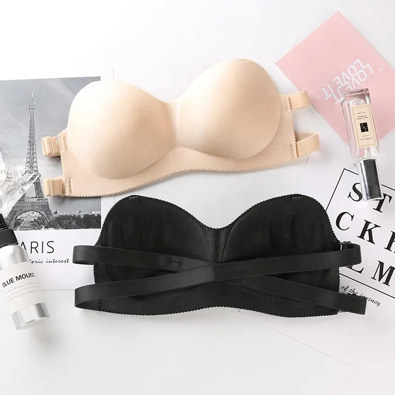 

1918 Women One Piece Wireless Strapless Sexy Push Up Tube Bra for Wedding Dress, Black, nude