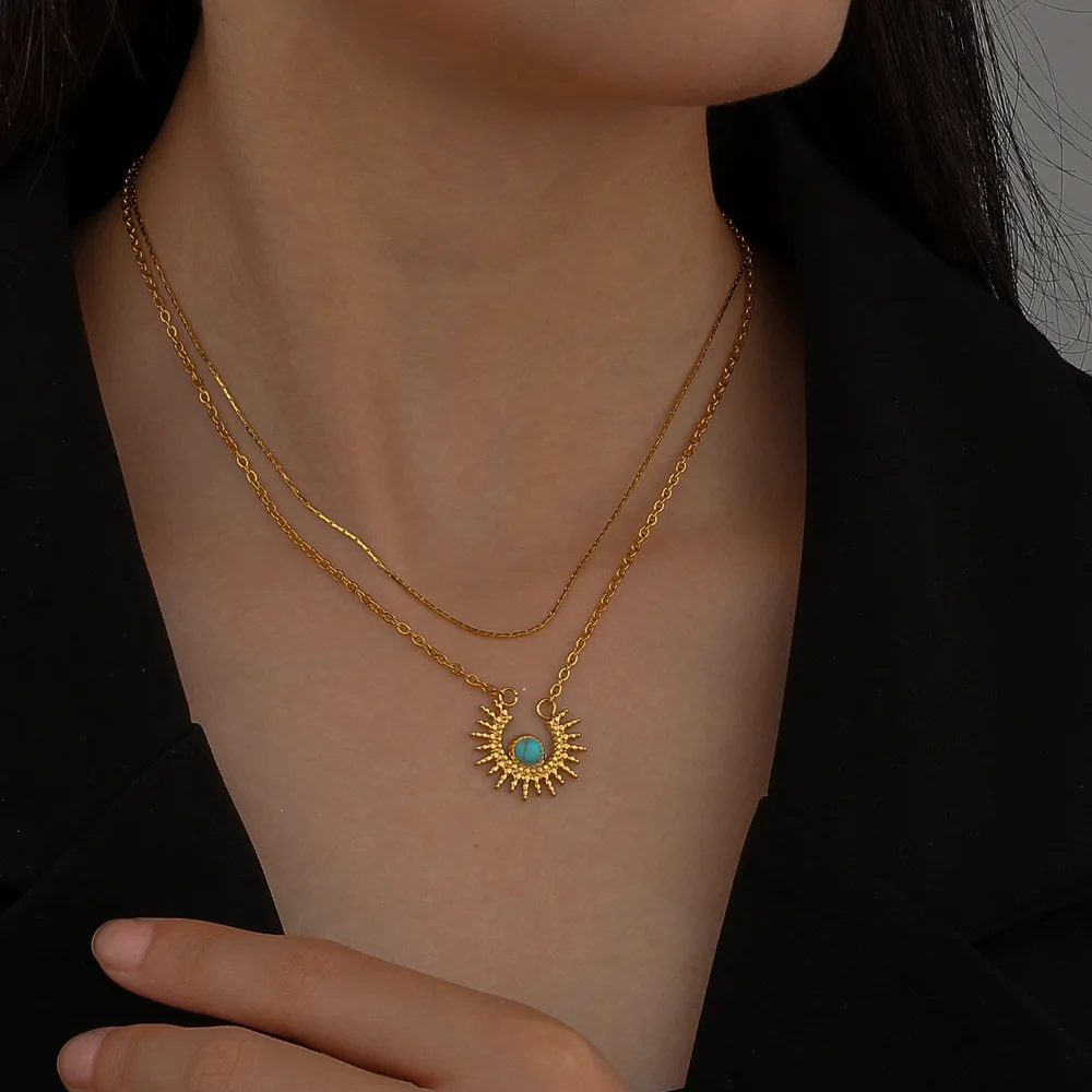 

Not Easy Fade Jewelry Multi Layers Stainless Steel Sun Pendant Necklace Gold Titanium Steel Chain Turquoise Pendant Necklace