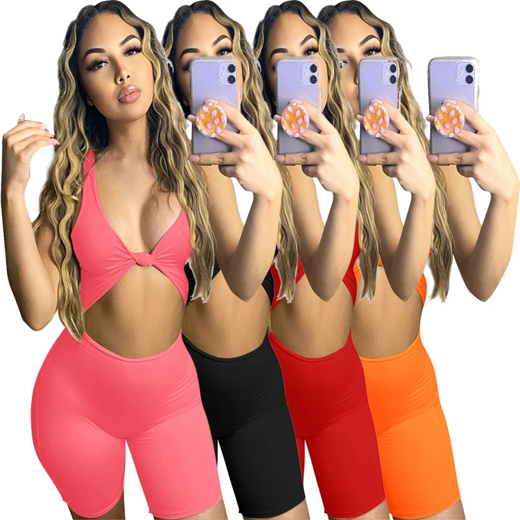 

DUODUOCOLOR New style 2021 sports sexy low cut sleeveless hollow out solid color women jumpsuit v neck shorts romper D10764, Pink, orange, red, gray, black, apricot