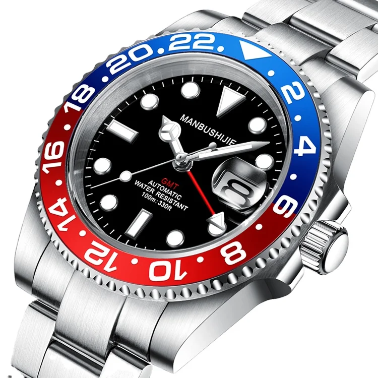 

MANBUSHIJIE Luxury Automatic Watch Men Genuine Sapphire Steel Strap GMT Waterproof 10ATM Business Mechanical Watch
