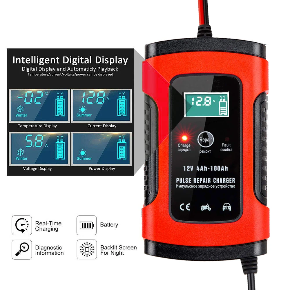 Motos BUDDYGO Cargador de Bateria Coche Moto 12V//24V Full Autom/ático Inteligente Mantenimiento de Bater/ía con Pantalla LCD y M/últiples Protecciones para Autom/óviles Cargador de Bater/ía
