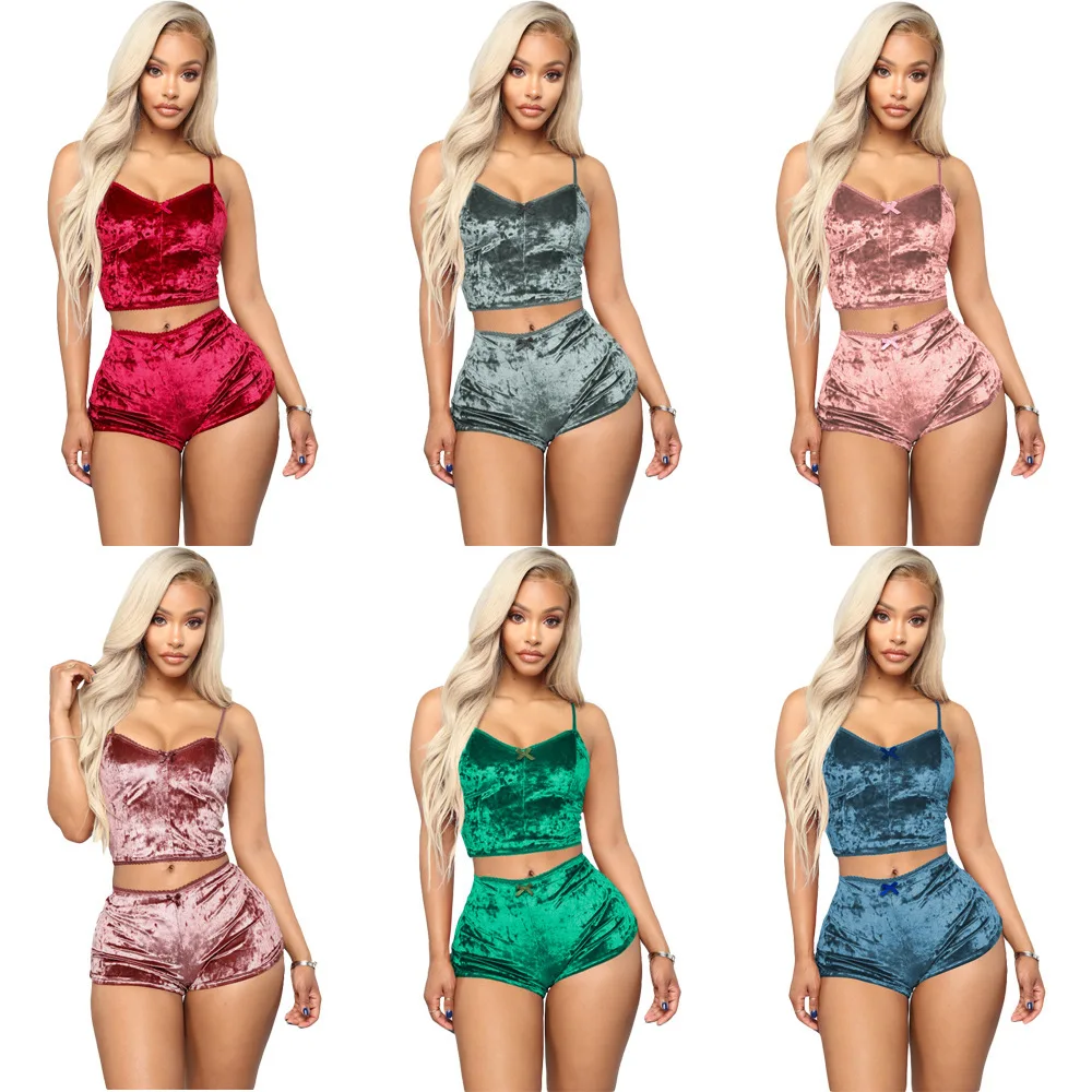 

New Fashion Women Sexy Velvet Pajama Sets Ladies Lace V Neck Crop Tops Shorts Sleepwear Women Pajamas Sets, Picture shows