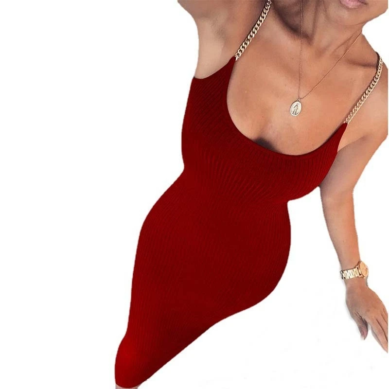

D8660#Chain sling bandage waistcoat slim dress for women factory wholesale 6 color
