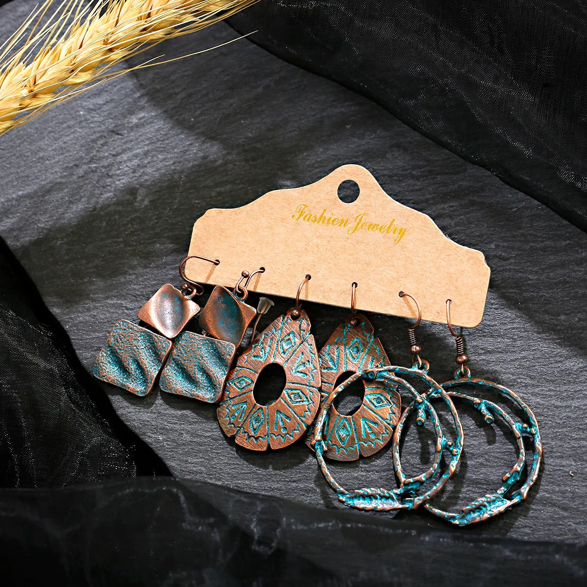 

3 Pairs Set Bohemian Round Circle Hollow Flower Charm Earrings Wooden Leaves Tassel Pendants Earrings Set, Colorful