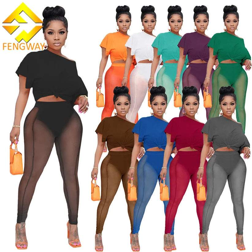 

Fengway 2022 Summer Women Clothing Crop Top And High Waist Pants Set Short Sleeve T Shirt 2 Piece Mesh Pants Set