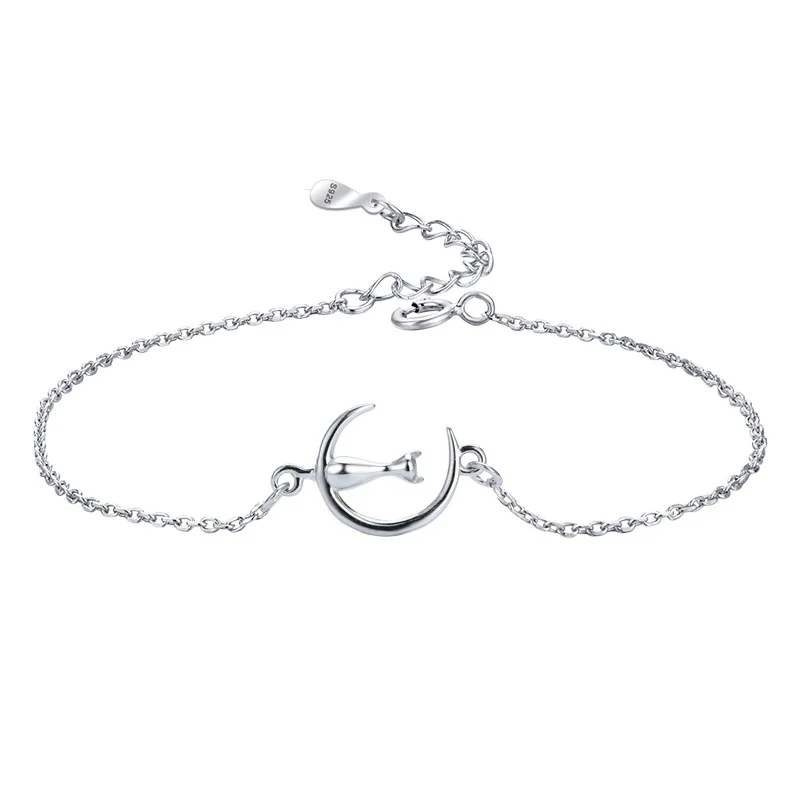 

100% 925 Sterling Silver Cat And Moon Link Chain Bracelets & Bangles for Women Authentic Silver Jewelry Gift