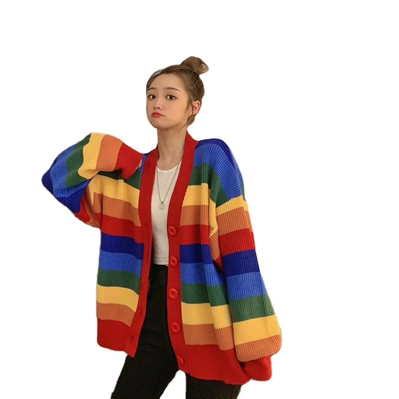 

2021new arrival harry styles inspired Colour Block Sweater Rainbow Woman knitted Cardigan, Customized color
