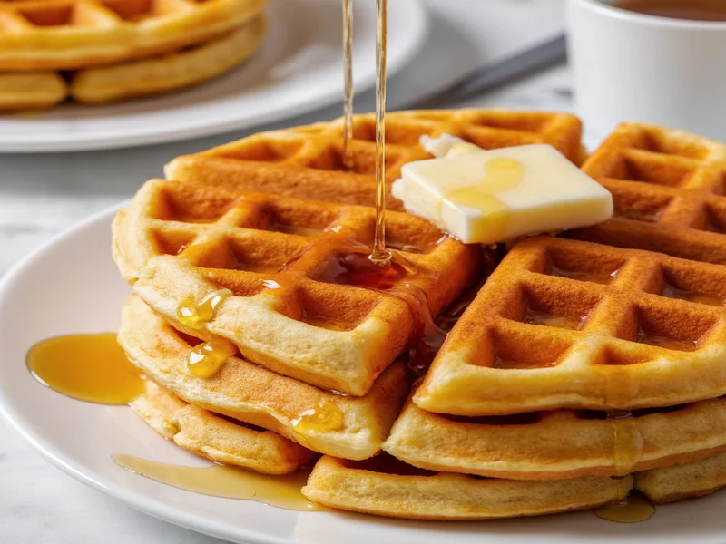 Golden homemade waffles with maple syrup drizzle
