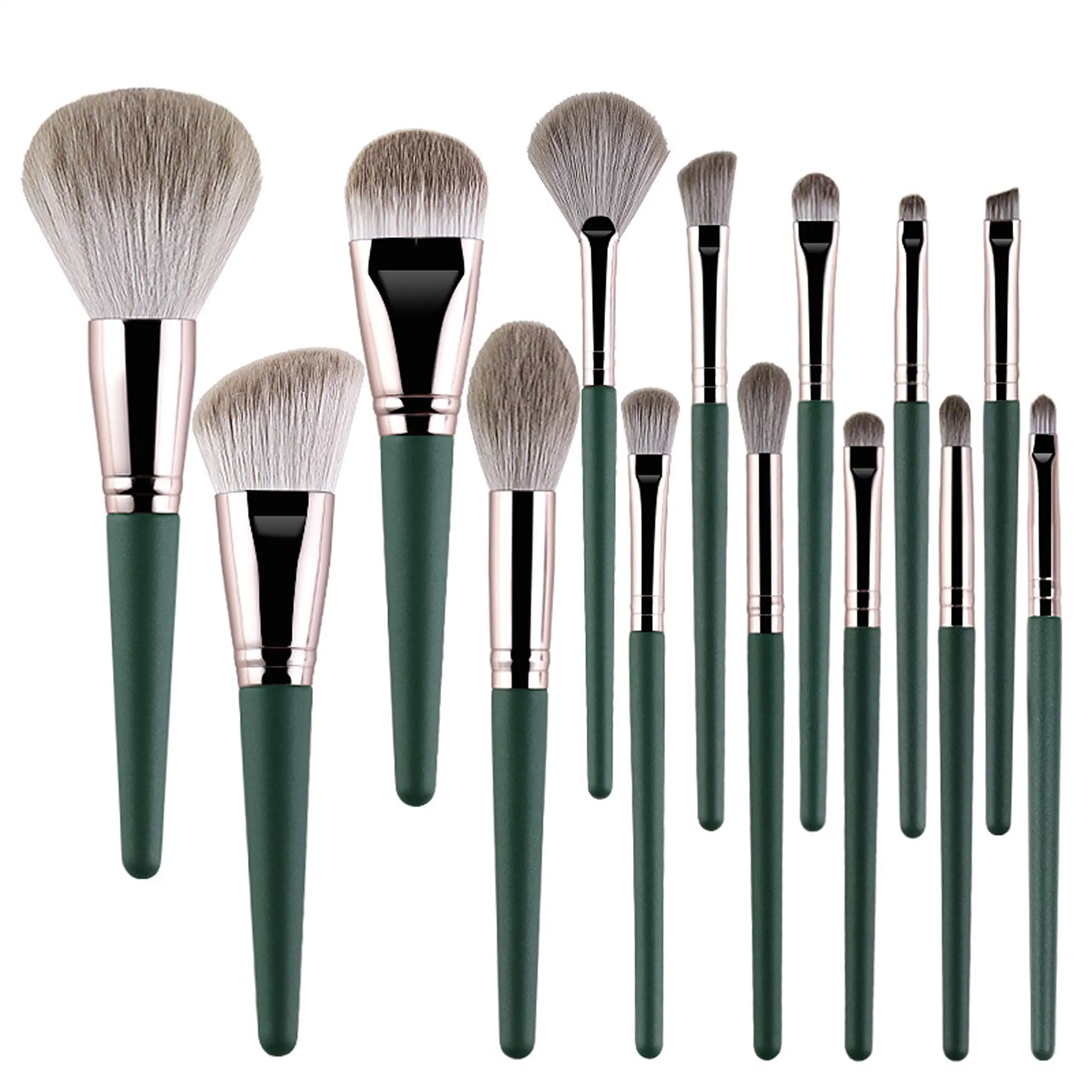 

2021 Low moq luxury private label makeup brushes 14pcs green Synthetic Hair Wood Handle packaging custom makeup brush set