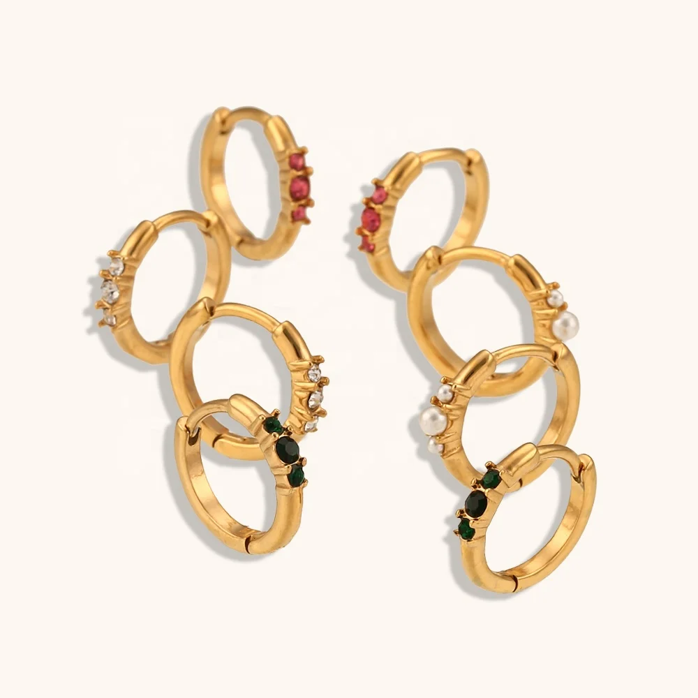 Ding Ran Summer Jewelry Zircon Pearl Huggies Earring  18k Gold Plated Stainless Stleel Hoop Earrings