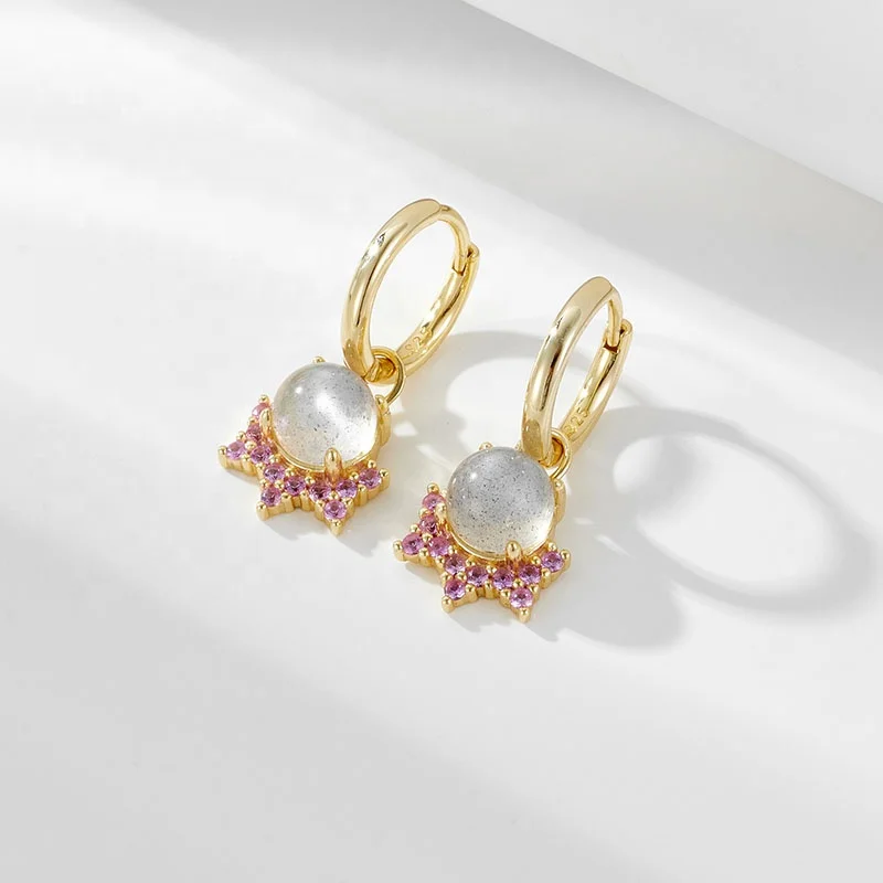New Trendy Crown Zircon Gemstone Jewelry 14k Gold Plated 925 Sterling Silver Moonstone Drop Hoop Huggies Earrings for Girls Kids