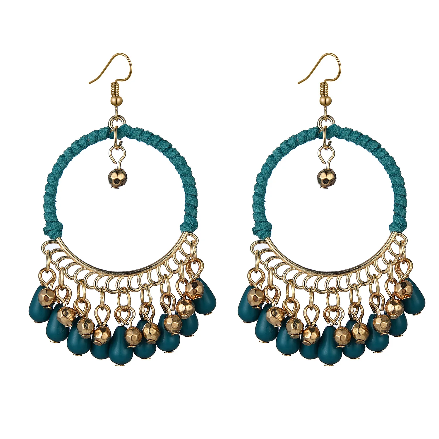 

Ethnic style hand woven earrings Bohemian vintage round water drop tassel earrings