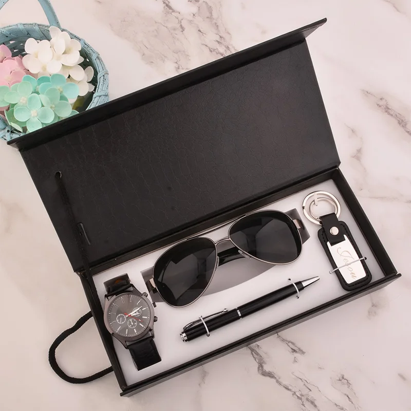 

4pcs/set New Men's Luxury Dress Watches Gift Wallet Sunglasses Pen Keychain Sets For Men