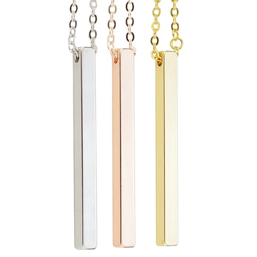 

Blank Simple Personalized Tricolor Copper Engraved Vertical Bar pendant Necklace jewelry, Silver