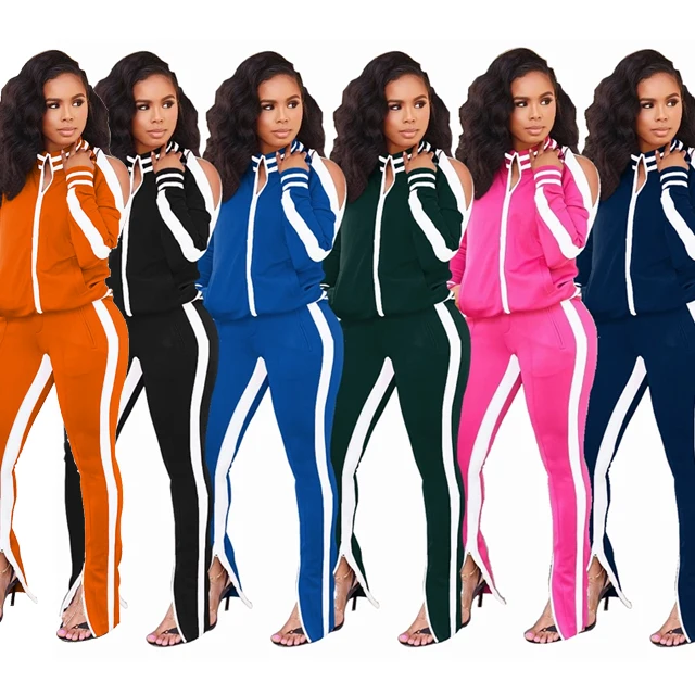 

W8055 latest design side stripe open shoulder sports tracksuit Pants Suit Women Two Piece Set, Picture