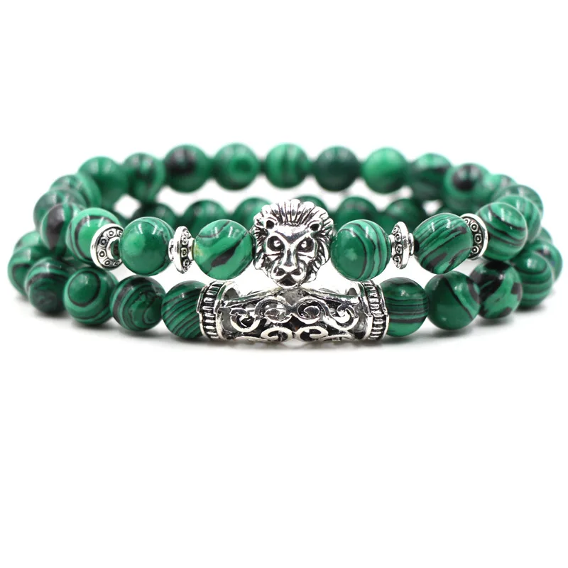 

2023 Natural Malachite and Silver Lion Owl Buddha Head Charm Bracelet Set for Men 8mm Diamond-Embossed Bangle with Chain Bead