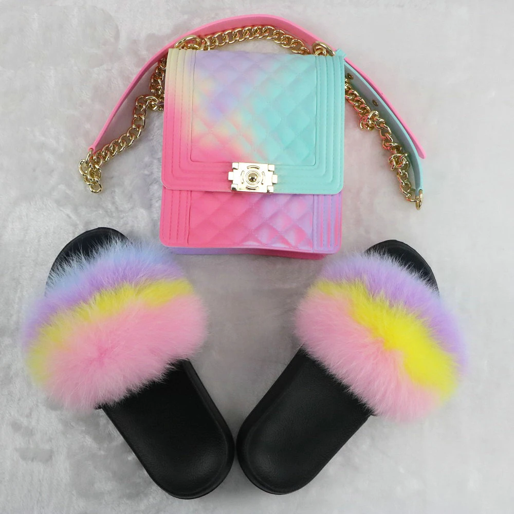 

PVC Matte Jelly Bags Fox Fur Slippers Sets Purse Bag Match Fur Slides Sandals Sets