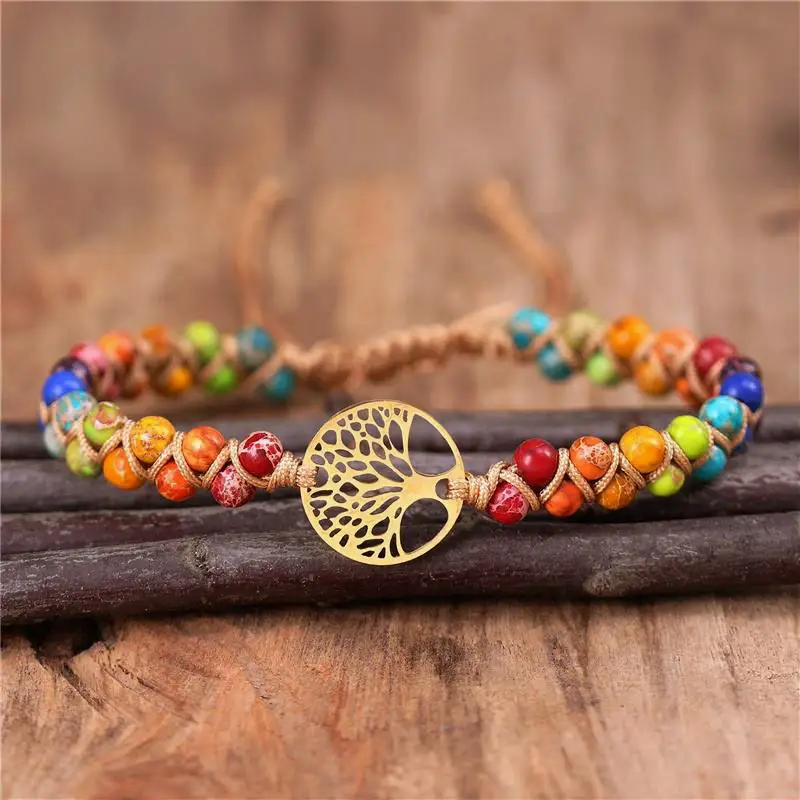 

Wholesale Gold Tree of Life Charm 7 Chakra Imperial Jasper Beaded Macrame Braided Bracelet Ethnic Handmade Wrap Charm Bracelet