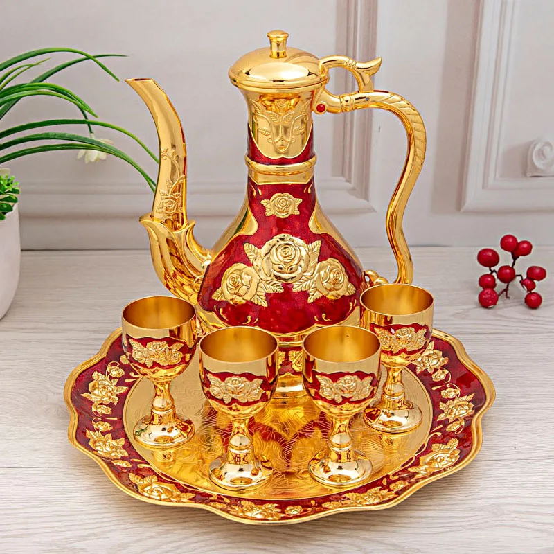 

QIAN HU Ramadan Kareem Gifts Arabic Design Promotional Products Home Decoration Golden Zinc Alloy Teapot set, Brozen