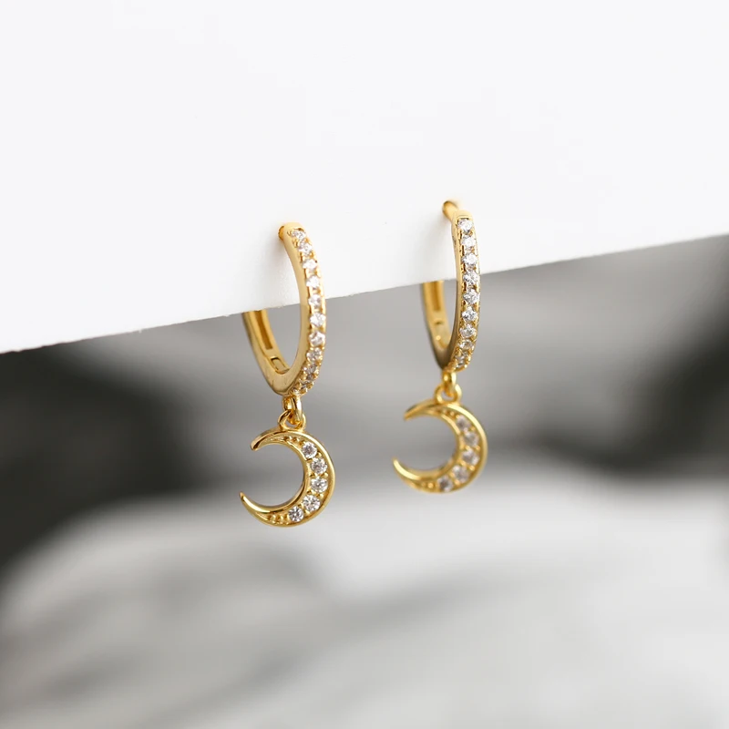 NEW 925 Sterling Silver INS  Small Cz Diamond Moon Shape Gold Plated Hoop Earrings for Women