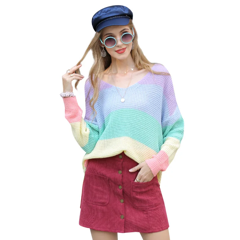 

2020 New Arrivals women V Neck Long Sleeve color matching pullover Loose knit ladies sweater