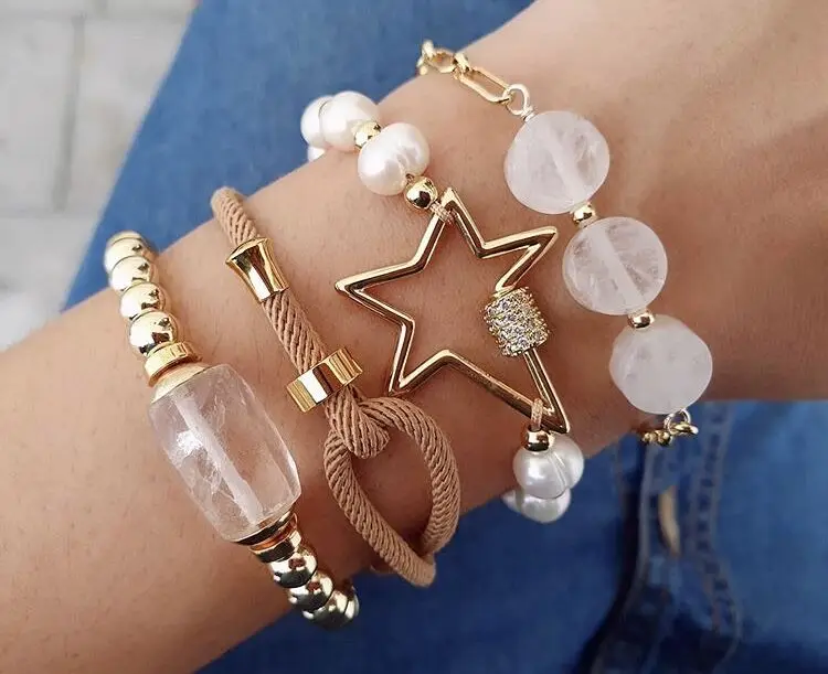 

LS-A2573 fashion gold plating charm bracelet set,clear quartz pearl beads cz micro pave bracelet set jewelry wholesale