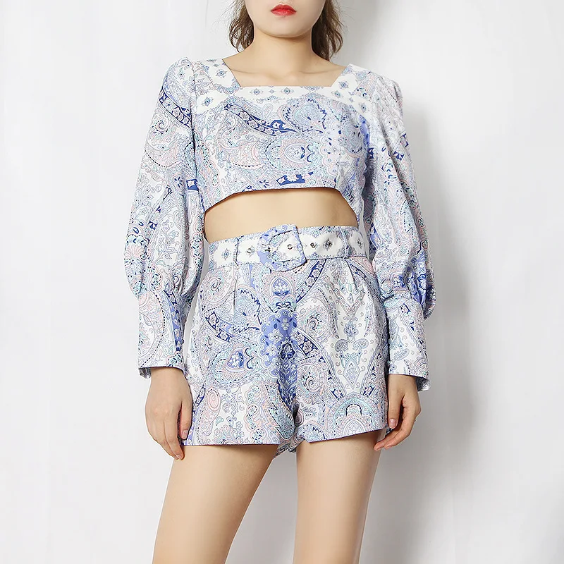 

Wholesale elegant ladies high quality long sleeve crop top floral prints woman's tops and shorts office ladies blouse