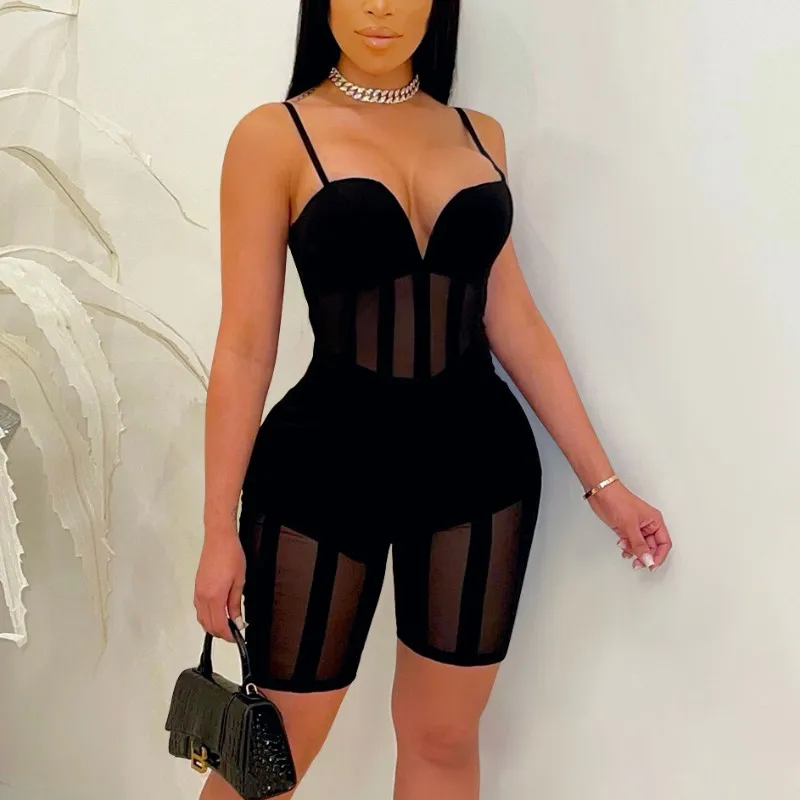 

2021 High Fashion Women Sports Clothing Solid Deep V Neck Bodycon Romper Fitted Perspective Gauze Rompers -SM, Black, blue, rose red, yellow