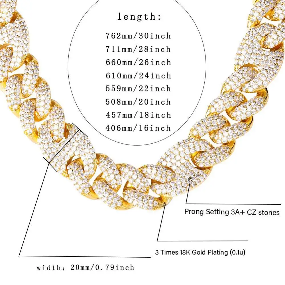 

Hip Hop Jewelry Gold Micro Pave Cubic Zirconia Cuban Link Chain Necklace