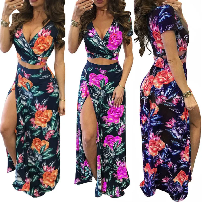 

2 Piece Set Women V Neck Sexy Floral Dress Ladies Sleeveless Bandage Crop Top Long Split Skirt, As pictures