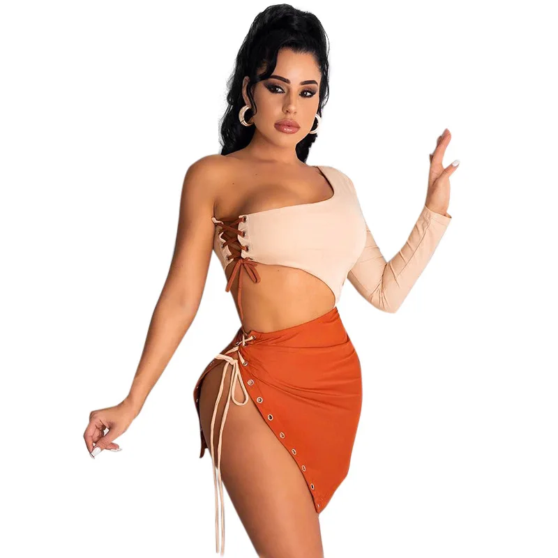 

Women's Nightclub Party Street Nightdress Contrast Color Monogram Combination Shoulder Strap, Adjustable Side Open Dress 2021 Wo