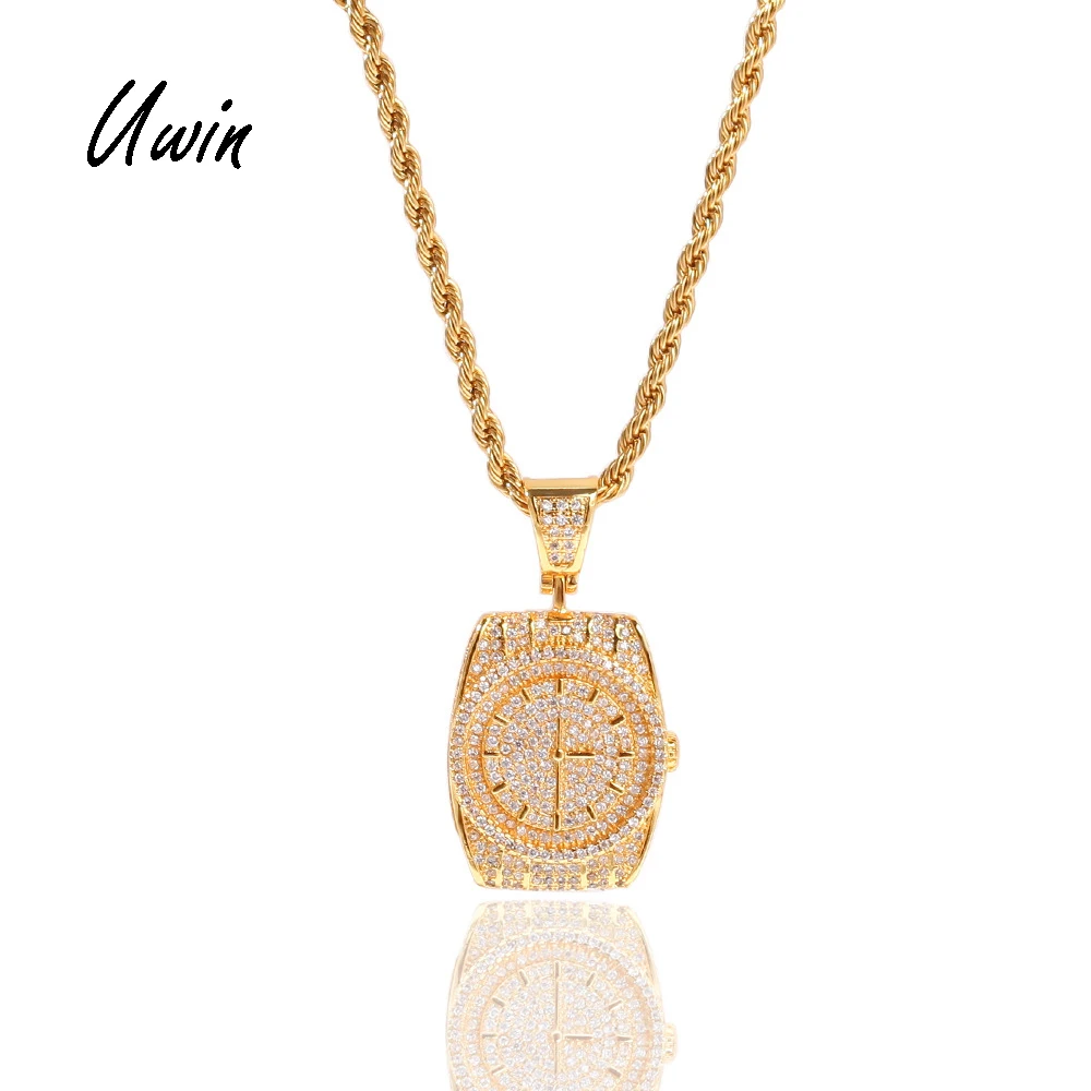 

Designer Iced Out Watch Shaped Bling Bling CZ Gold Hip Hop Pendant UWIN Fashion Rapper Mens Jewelry, Real 18k gold and platinum plating