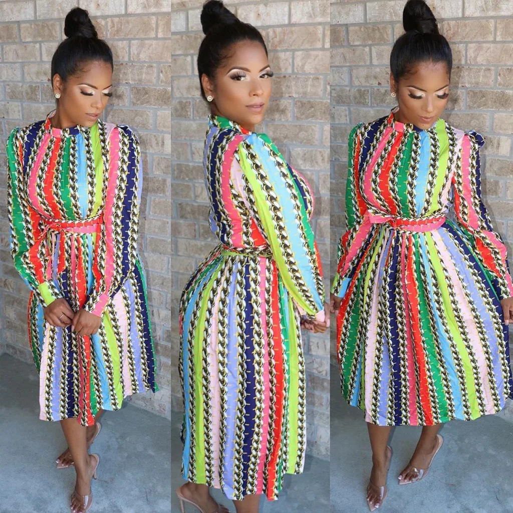 

Fashion Printed Waist Belt Rainbow Color Pleated Office Career Women Dress, As photo