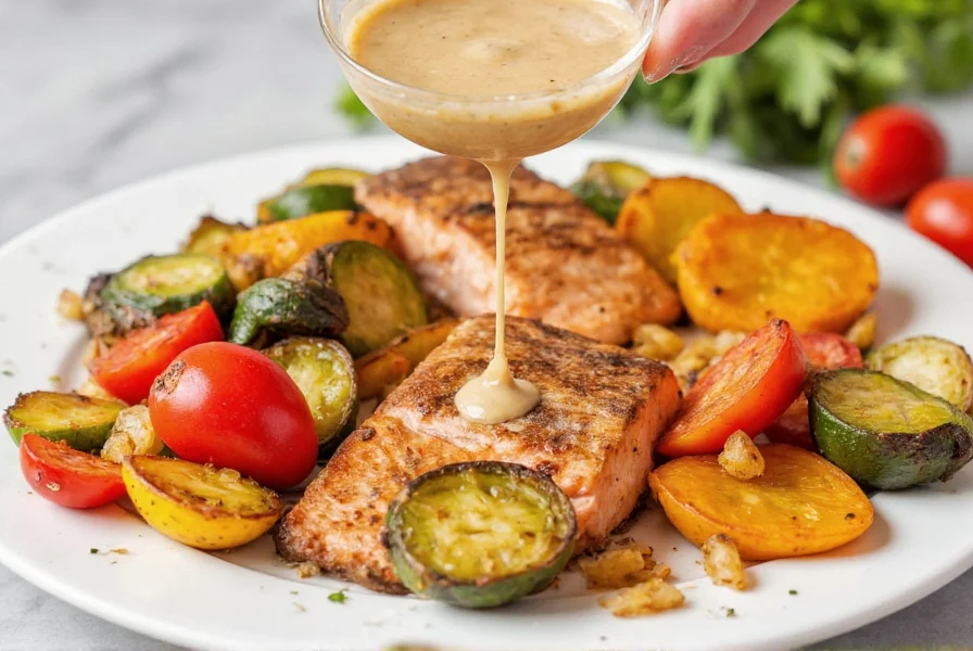 Umami ginger sauce being drizzled over grilled salmon and roasted vegetables