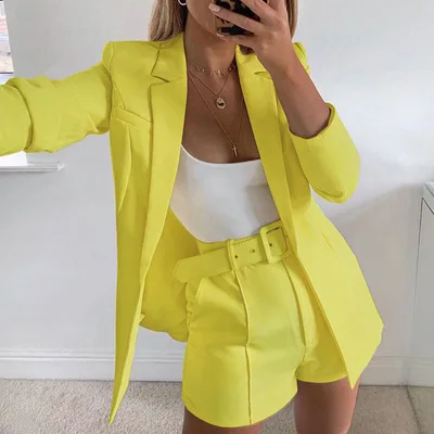 

2021 New Autumn Solid Women 2 Piece Short Set Classic Blazer With Belt Shorts Suit Fall Women Clothes