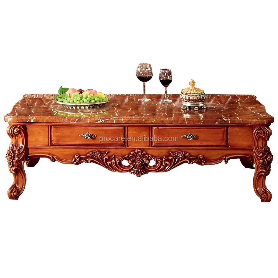 Modern Natural Marble Coffee Table Highend Teak Color Living Room