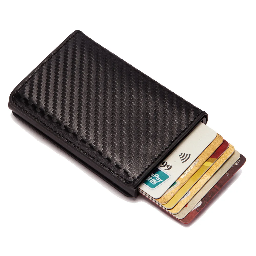 

Men Credit card holder carbon fiber Leather Wallet Aluminum Automatic Mini Wallet With Back Pocket ID Card RFID Blocking purse