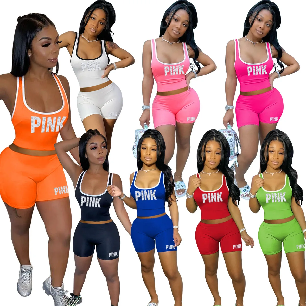 

CTS1436 summer sports casual shorts and crop top set pink outfits for woman sets women shorts sets, Picture color