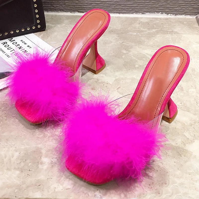 

Woman Feather Transparent High heels Fur Slippers Sandals Women Peep toe Mules Lady Pumps Slides White Ladies Shoes