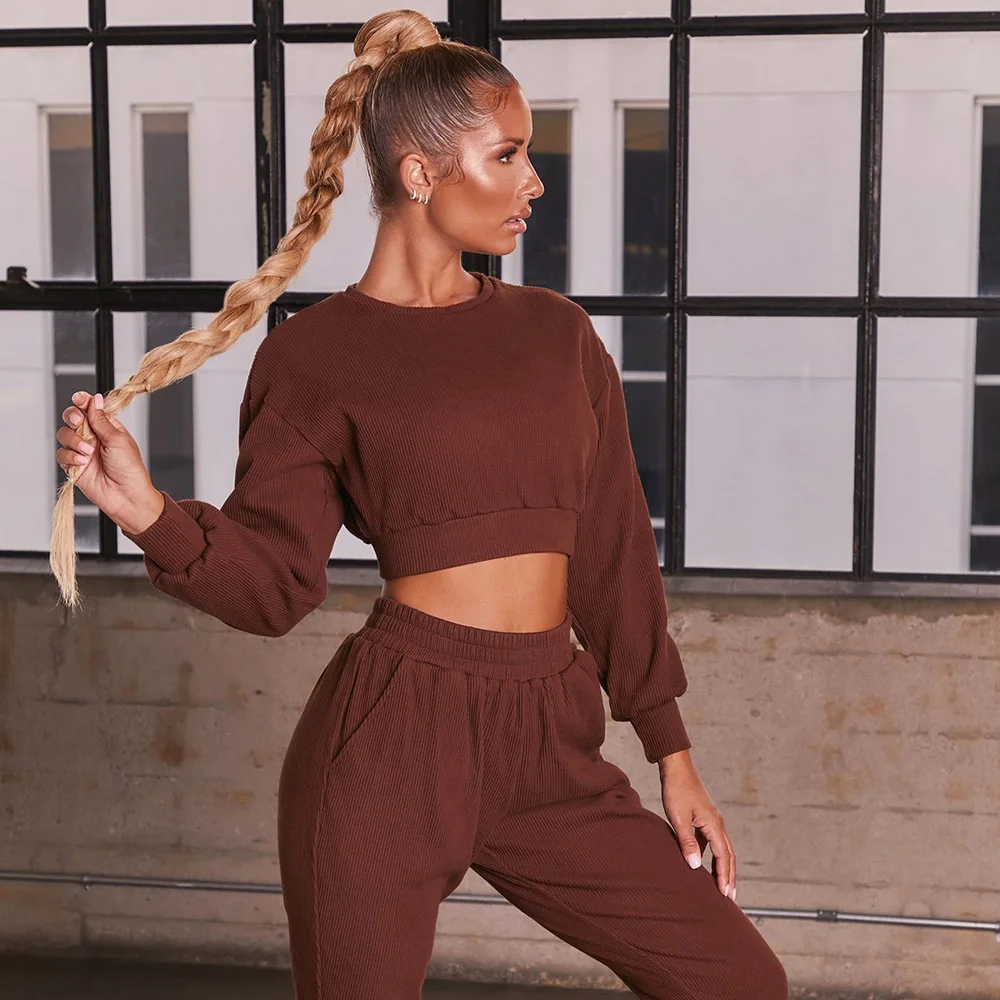 

Wholesale Solid Color Crew Neck Sweatshirt Crop Tops and Long Pants Suits 2 Piece Velvet Tracksuits for Women, 5 colors