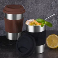 

Stainless Steel Coffee Cups with Silicone Lids Non-slip Anti-scalding Sleeves Case Drinking Tumblers Beer Water Tea Coffee Mugs