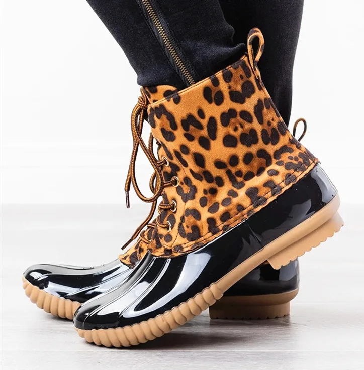 

Hot sale fashion Personalized Women's Short Seprape Leopard Duck Rain Boots, 5color