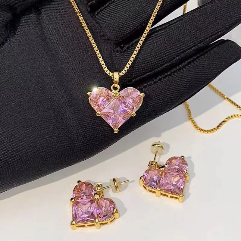 

HOVANCI Valentine's Day Gift 18k Gold Plated Pink Crystal Heart Fashion Costume Jewelry Sets For Women Necklace Earrings Sets