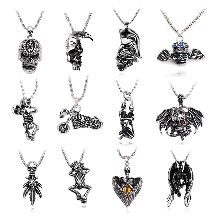 

Goth Jewelry Halloween Skulls Necklace Hip Hop Chain Human Skeleton Wings Hand Head Pendant Necklace For Men, Picture shows