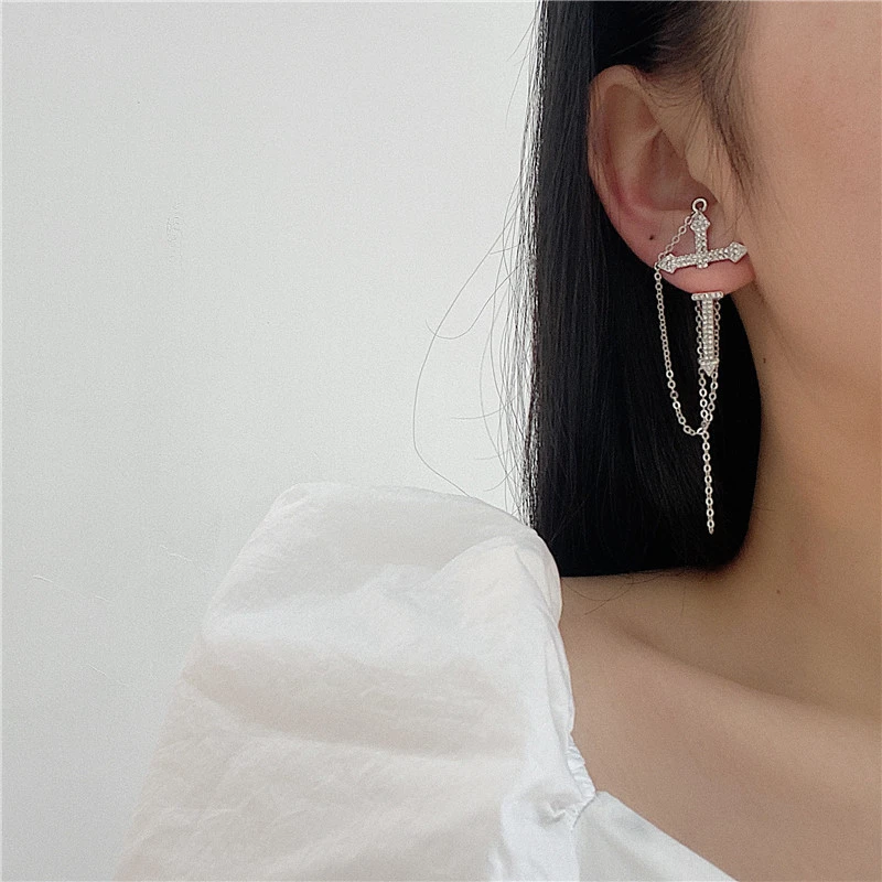 

Aimgal Jewelry-925 silver needle tassel earrings Cross shape Stud earrings