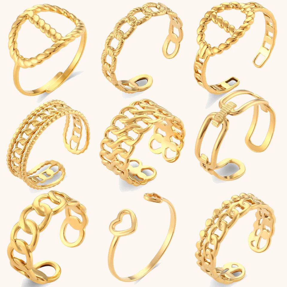 Dingran Adjustable Hollow Out Rings Waterproof 18k Gold Plated Stainless Steel Finger Ring Set